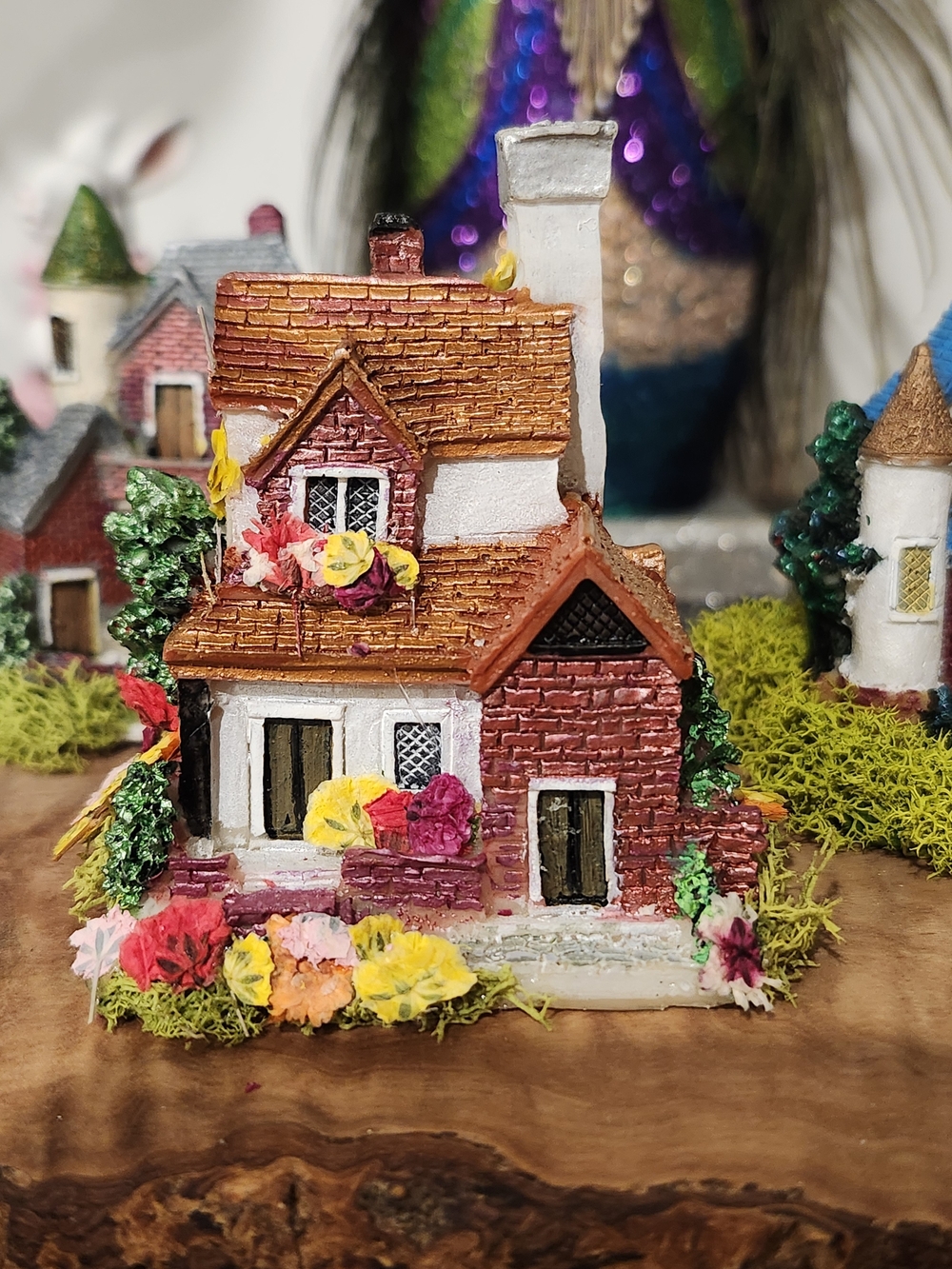 Miniature Cottage Accent in Brown and White with Colorful Floral Detail